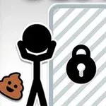 실루엣의 인간 모양 캐릭터가 잠긴 문 앞에서 놀라며 머리를 잡고 있으며, 옆에 변기와 이모티콘 모양의 대변이 있는 이미지