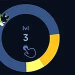 어두운 배경에 수준 3을 나타내는 원형 진행 표시기와 그 위로 움직이는 캐릭터가 있는 이미지