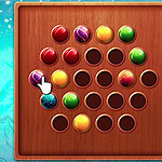 나무 보드 위에 다양한 색상의 구슬이 배열되어 있고, 손 모양의 커서가 보라색 구슬을 가리키고 있는 이미지