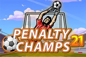 골키퍼가 공을 막는 장면과 PENALTY CHAMPS 21이라는 텍스트가 있는 이미지