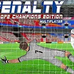 축구 경기장에서 흰색 유니폼을 입은 선수가 페널티킥을 차고 있고, 골키퍼가 공을 막기 위해 점프하는 장면