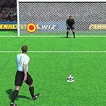 한 선수가 축구 골대 앞에서 페널티 킥을 준비하고 있고, 골키퍼가 골문 앞에 서 있는 장면