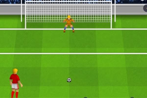 축구 경기에서 골키퍼와 킥커가 페널티킥을 준비하고 있는 장면