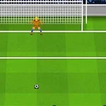 축구 경기에서 골키퍼와 킥커가 페널티킥을 준비하고 있는 장면