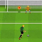 축구 경기에서 녹색과 검은색 유니폼을 입은 선수가 골키퍼를 향해 페널티킥을 준비하는 모습