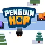 도로 위에 보라색과 주황색 트럭이 달리고 있고, 펭귄이 도로를 건너려는 장면