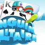 펭귄들이 겨울 장식을 하고 있는 카드와 눈으로 장식된 Penguin Solitaire라는 얼음 텍스트가 있는 이미지