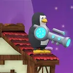 보라색 밤하늘을 배경으로 지붕 위에 서 있는 레이저 총을 든 펭귄