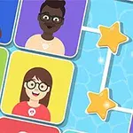 다양한 캐릭터의 얼굴이 그려진 정사각형 타일들이 별 모양으로 연결된 이미지