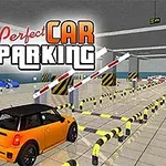 주차장이 있는 실내 공간에서 주황색 차와 여러 개의 주차 구역이 보이는 이미지