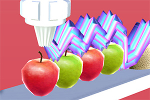 기계에서 발사된 레이저가 빨간색과 초록색 사과를 향하고 있는 모습