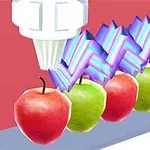 기계에서 발사된 레이저가 빨간색과 초록색 사과를 향하고 있는 모습