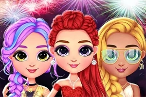 세 명의 화려한 소녀들이 불꽃놀이를 배경으로 미소 짓고 있다