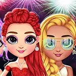 세 명의 화려한 소녀들이 불꽃놀이를 배경으로 미소 짓고 있다