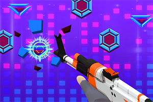 총을 든 손이 목표물을 조준하고 있는 화려한 색상의 배경과 기하학적 패턴