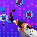 총을 든 손이 목표물을 조준하고 있는 화려한 색상의 배경과 기하학적 패턴