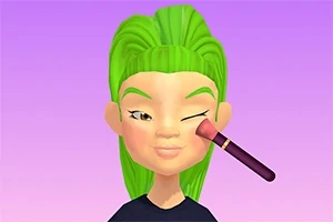 녹색 머리의 캐릭터가 메이크업 브러시로 얼굴을 터치하는 모습