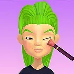 녹색 머리의 캐릭터가 메이크업 브러시로 얼굴을 터치하는 모습