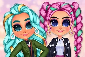 색색 머리카락과 큰 눈을 가진 두 명의 만화 스타일 캐릭터가 나란히 서 있는 모습