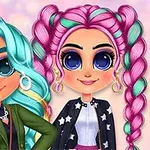 색색 머리카락과 큰 눈을 가진 두 명의 만화 스타일 캐릭터가 나란히 서 있는 모습