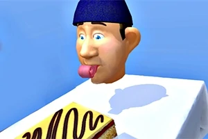 테이블 위 케이크를 보고 있는 파란 모자를 쓴 만화 캐릭터의 얼굴