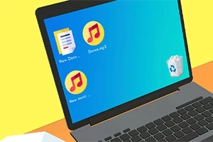노트북 화면에 문서와 음악 파일 아이콘이 있고, 휴지통 아이콘이 보이는 장면