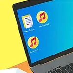 노트북 화면에 문서와 음악 파일 아이콘이 있고, 휴지통 아이콘이 보이는 장면