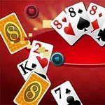 카드와 칩이 붉은 배경 위에 흩어져 있는 이미지