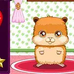 풍선과 별이 있는 보라색 배경과 꽃무늬 벽지 앞에 서 있는 귀여운 햄스터