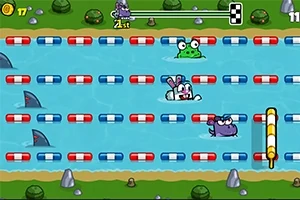 귀여운 동물 캐릭터들이 장애물과 상어를 피하며 물속을 헤엄치는 장면