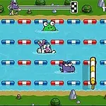 귀여운 동물 캐릭터들이 장애물과 상어를 피하며 물속을 헤엄치는 장면