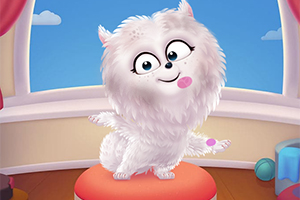 하얀 털을 가진 귀여운 강아지가 빨간 방석 위에 앉아 있는 모습