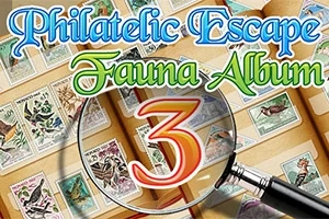 우표 앨범 위에 돋보기가 놓여 있고 Philatelic Escape Fauna Album 3라는 텍스트가 있는 이미지