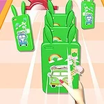 초록색 가방이 줄지어 놓여 있고 손이 그 중 하나를 잡으려는 모습