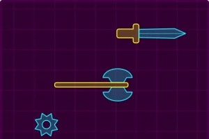보라색 격자 무늬 배경에 노란색으로 윤곽이 그려진 단검, 도끼, 톱니 모양의 기어가 있는 이미지
