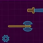 보라색 격자 무늬 배경에 노란색으로 윤곽이 그려진 단검, 도끼, 톱니 모양의 기어가 있는 이미지