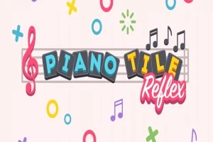 컬러풀한 음표와 기호 배경에 Piano Tile Reflex라는 글자가 있는 이미지