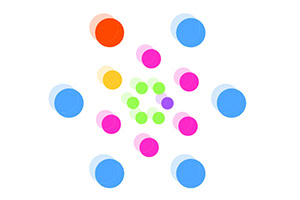다양한 색상의 원들이 중앙에서 퍼져 있는 패턴