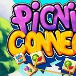PICNIC CONNECT라는 알록달록한 글씨와 함께 과일, 케이크, 얼음 음료 등의 이미지가 있는 장면