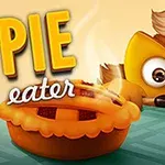 노란색 캐릭터가 테이블 위 파이를 바라보고 있고, 옆에는 PIE eater라는 글자가 쓰여 있다