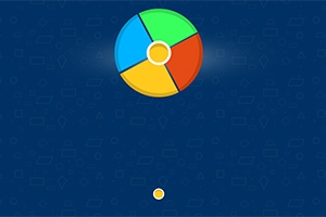 파란색 배경에 녹색, 파란색, 빨간색, 노란색으로 구분된 큰 원과 작은 노란색 원이 있습니다