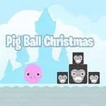 핑크색 공과 네모난 회색 블록들이 눈 덮인 배경에 있는 이미지