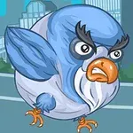 화가 난 표정의 파란 새가 도시 배경 앞에 있는 모습