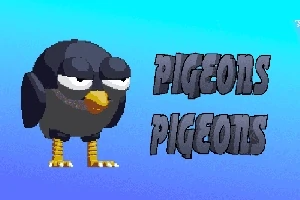 애니메이션 스타일의 검은 비둘기가 파란색 배경에 서 있으며, 옆에 PIGEONS PIGEONS라는 텍스트가 있다