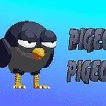 애니메이션 스타일의 검은 비둘기가 파란색 배경에 서 있으며, 옆에 PIGEONS PIGEONS라는 텍스트가 있다