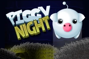 귀여운 흰 돼지 캐릭터와 PIGGY NIGHT 텍스트가 있는 어두운 배경