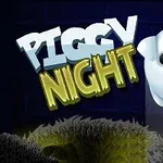 귀여운 흰 돼지 캐릭터와 PIGGY NIGHT 텍스트가 있는 어두운 배경
