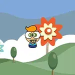 만화 스타일의 소년 캐릭터가 언덕 배경의 꽃들과 함께 있는 이미지