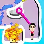 여자 캐릭터가 있는 퍼즐 이미지로, 화염이 보이며 핀이 삽입되어 있다