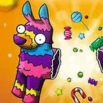 알록달록한 피냐타가 두 조각으로 나뉘며 사탕과 별 모양의 아이템들이 튀어나오는 장면